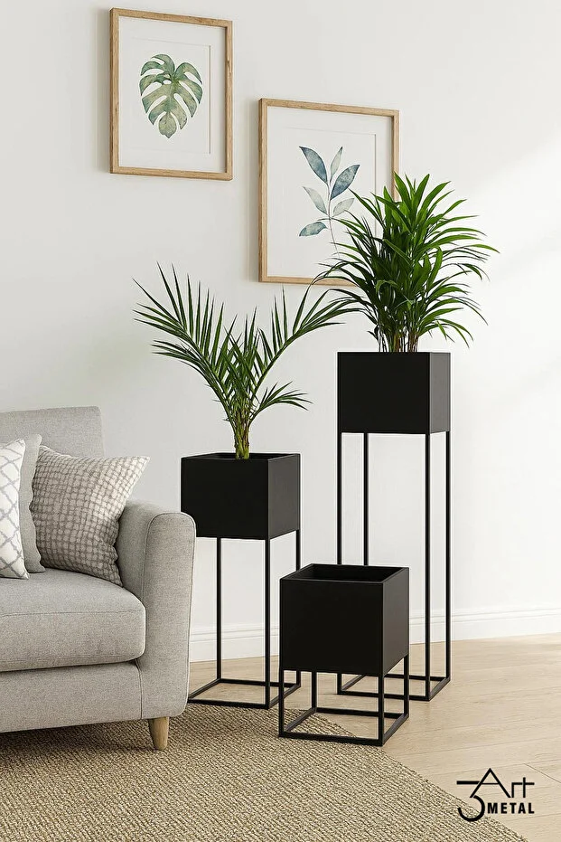 3’lü Ayaklı Saksı Seti – Modern Dekoratif Metal Saksılık – Iç Ve Dış Mekan Uyumlu